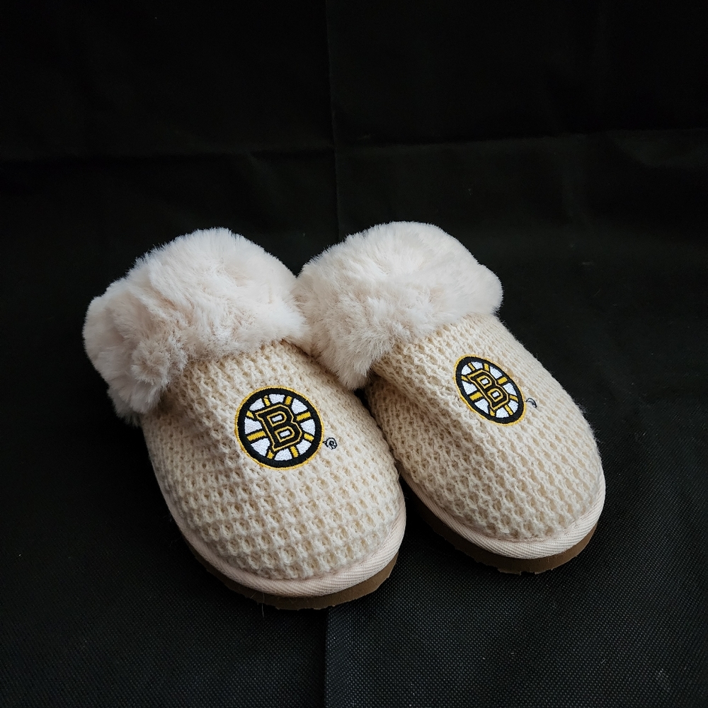 Foco Boston Bruins Women's Ladies Fur Slides Slippers Size Large Cream Color